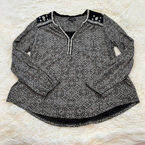 Lucky Brand Tops - LUcky Brand Women Top Large Black White Embroidered Modal Blend Boho Shirt 15702